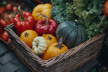 a basket filled with seasonal vegetables, including squash and pumpkins.