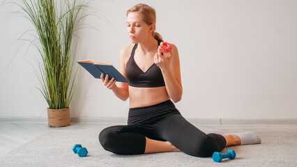 Pause exercising relax reading girl eat cake relax