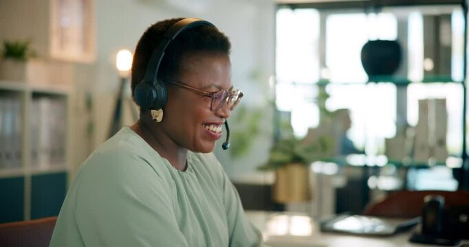 Call center, contact us and black woman agent in office for inbound crm, sales and telemarketing. Customer support, headset and African advisor with multilingual technical service for translation.