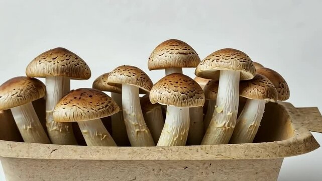Sustainable mushroom packaging on solid white background, single object