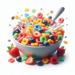 Bright fruit cereal with a clipping path, showcasing colorful pieces on a white background
