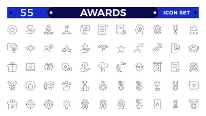 Awards and Bonuses outline icons set. Vector illustration in modern thin line style of icons, such as: Cups, Awards, Medals, Diplomas, Champion, Number One, Stars, Winner, Ribbon.