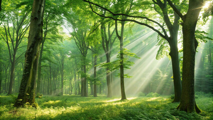 Naklejka premium Lush green forest with sunlight filtering through dense tree canopy
