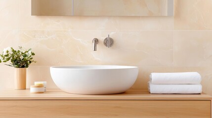 Fototapeta premium Elegant bathroom setup featuring a round basin, soft towels, and tasteful decor against a warm, neutral backdrop.