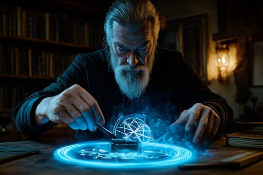 A medieval alchemist stirring a dark elixir in a dimly lit room, surrounded by old books and mysterious symbols, capturing a mystical, gothic feel