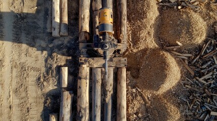 Woodworking Tool on Timber with Sawdust Surroundings
