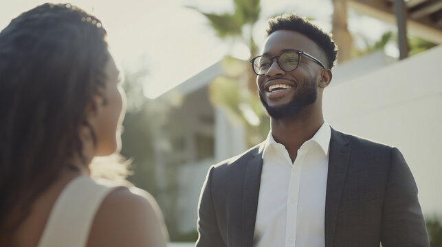 A smiling man in a suit engages in conversation with a woman outdoors during a sunny afternoon.