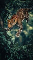 A sleek leopard mid-leap as it pounces from a high tree branch