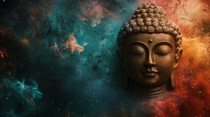 A serene golden Buddha statue with closed eyes, set against a vibrant cosmic background of swirling nebulae and sparkling stars.