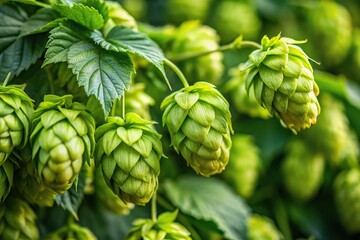 Fototapeta premium Close-up of individual hop cones with delicate, curly foliage, botanical photography, botanical art, botanical illustration, leafy greens, botanicals