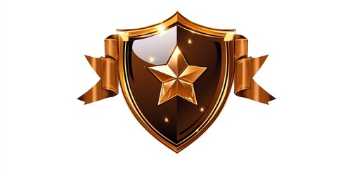 Golden shield emblem with star and ribbon, isolated on white background.