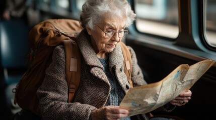 An elderly woman sits on a train with a backpack, focused intently on reading a map as she manages her travel plans, representing wisdom and adventure.