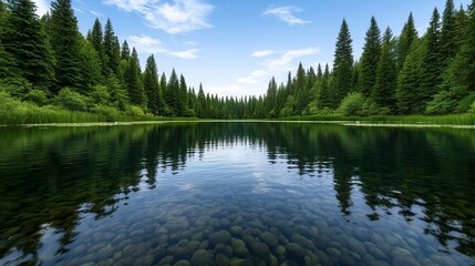 Obraz premium Serene lake surrounded by lush green pine trees under a clear blue sky, reflecting the vibrant nature and tranquility of the wilderness.