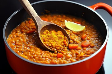 A pot of dal simmering with lentils, turmeric, and spices, creating a thick, comforting Indian dish