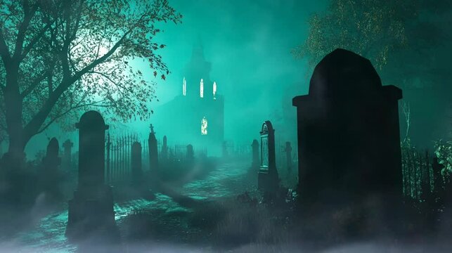 A fog-covered graveyard on Halloween night. seamless looping time-lapse virtual 4k video animation background
