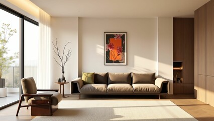 Elegant and Serene Living Room Design with Warm Tones and Abstract Art