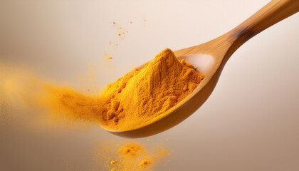 turmeric powder in wooden spoon floating or flying isolated on biege background