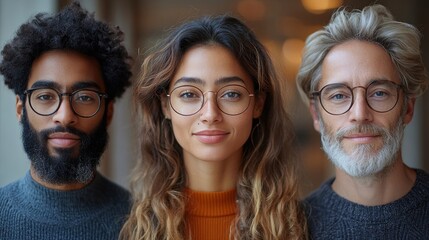 A portrait of three diverse individuals wearing glasses and looking at the camera with a neutral expression.