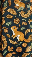 Obraz premium Vibrant Autumn-Themed Fabric with Squirrel and Acorn Pattern in Rich Earthy Tones for Seasonal Design and Craft Projects