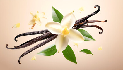 Vanilla pods, green leaves and flowers floating or flying isolated on biege background