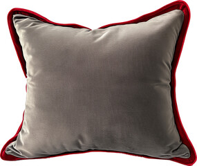 Gray decorative pillow with red trim on transparent background
