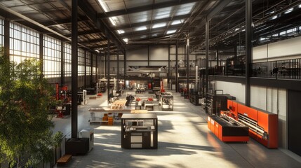 Fototapeta premium An industrial workspace with machinery, equipment, and tools, with large windows and natural light.