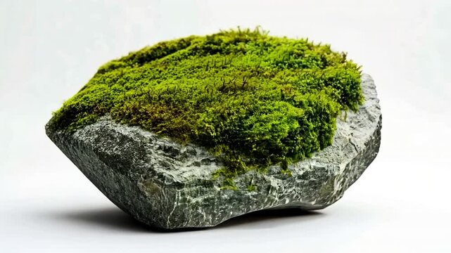 Rock with moss outdoors on solid white background,