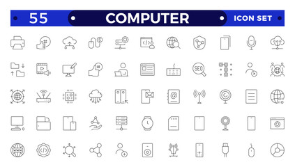 Computer icon set. Containing online, computer, network, website, server, web design, hardware, software monitor, smartphone, tablet and laptop and programming . Outline icons vector collection.