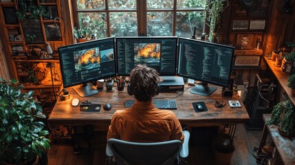 A programmer sits at a desk with three monitors, working on code in a cozy home office with plants and a window.
