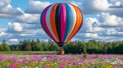 Fototapeta premium Colorful hot air balloon taking off over a field of wildflowers.