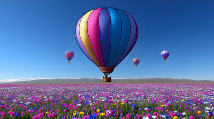 Fototapeta premium Colorful hot air balloons soar over a field of wildflowers under a bright blue sky.