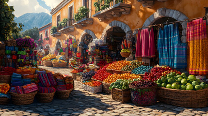 Colorful marketplace with vibrant fruits, vegetables, and textiles in a charming, cobbled street.