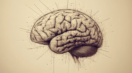 Detailed sketch of a human brain with radiating lines.
