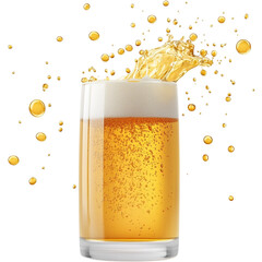A refreshing glass of golden beer with bubbles and foam, splashing upwards against a transparent background.