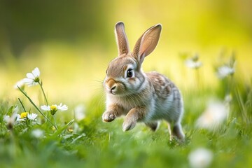 Fototapeta premium A small rabbit dashing through a lush green meadow