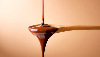 Wooden spoon containing chocolate sauce floating or flying isolated on biege background