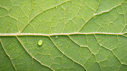 Fototapeta premium A close-up macro shot captures the intricate details of a dewdrop-laden leaf in an outdoor setting. Each water droplet glistens in the natural light, magnifying the leafâ€™s veins and textures. The