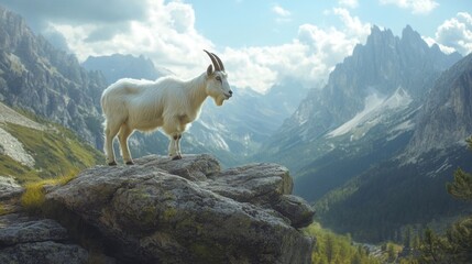 A white goat stands on a rock ledge overlooking a valley with mountain peaks in the distance.