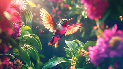 Colorful Hummingbird in Blooming Garden Environment