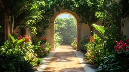 Fototapeta premium Tranquil villa path with lush plant decoration. Generative AI image