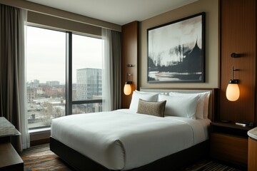 A stylish boutique hotel room featuring a cozy bed with luxury linens, modern artwork on the walls, and large windows offering a city view.