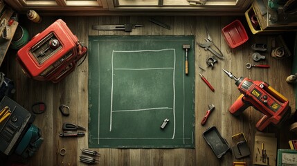 Workshop Tools and Chalkboard Layout Concept
