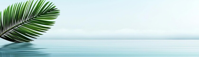 Obraz premium A serene landscape featuring calm waters and a vibrant palm leaf in the foreground, with a gentle horizon blending into a soft sky.