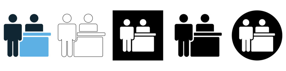 customer standing at reception desk, service center, hotel Checking In out, clinic staff or market cashier vector pictogram sign icon symbol ui and ux design, glyphs and stroke line	
