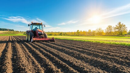 Fototapeta premium Tractor Working on a Vibrant Field at Sunrise
