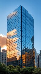 Obraz premium A tall, contemporary office tower with a glass facade, reflecting the surrounding city.