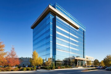 Obraz premium A tall, contemporary office tower with a glass facade, reflecting the surrounding city.
