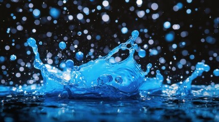 A close-up of a blue water splash with a dark background and sparkling bokeh.