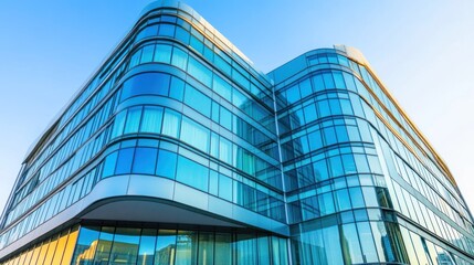 Modern glass office building with a blue sky background.