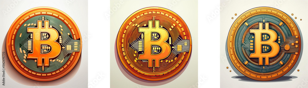 Poster three stylized representations of a bitcoin cryptocurrency coin, each with a unique design.